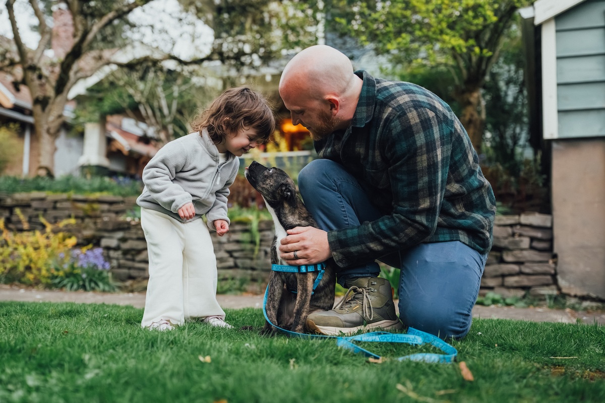 A father and young daughter kneeling on grass meeting their new brindle puppy